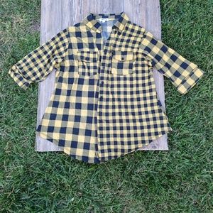 Paper Tee Plaid Checkered Button Down 3/4 Sleeve Top
